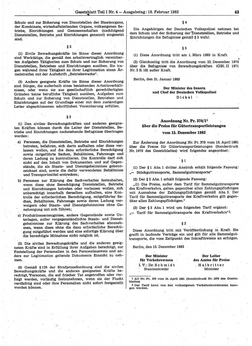 Gesetzblatt (GBl.) der Deutschen Demokratischen Republik (DDR) Teil Ⅰ 1983, Seite 43 (GBl. DDR Ⅰ 1983, S. 43)