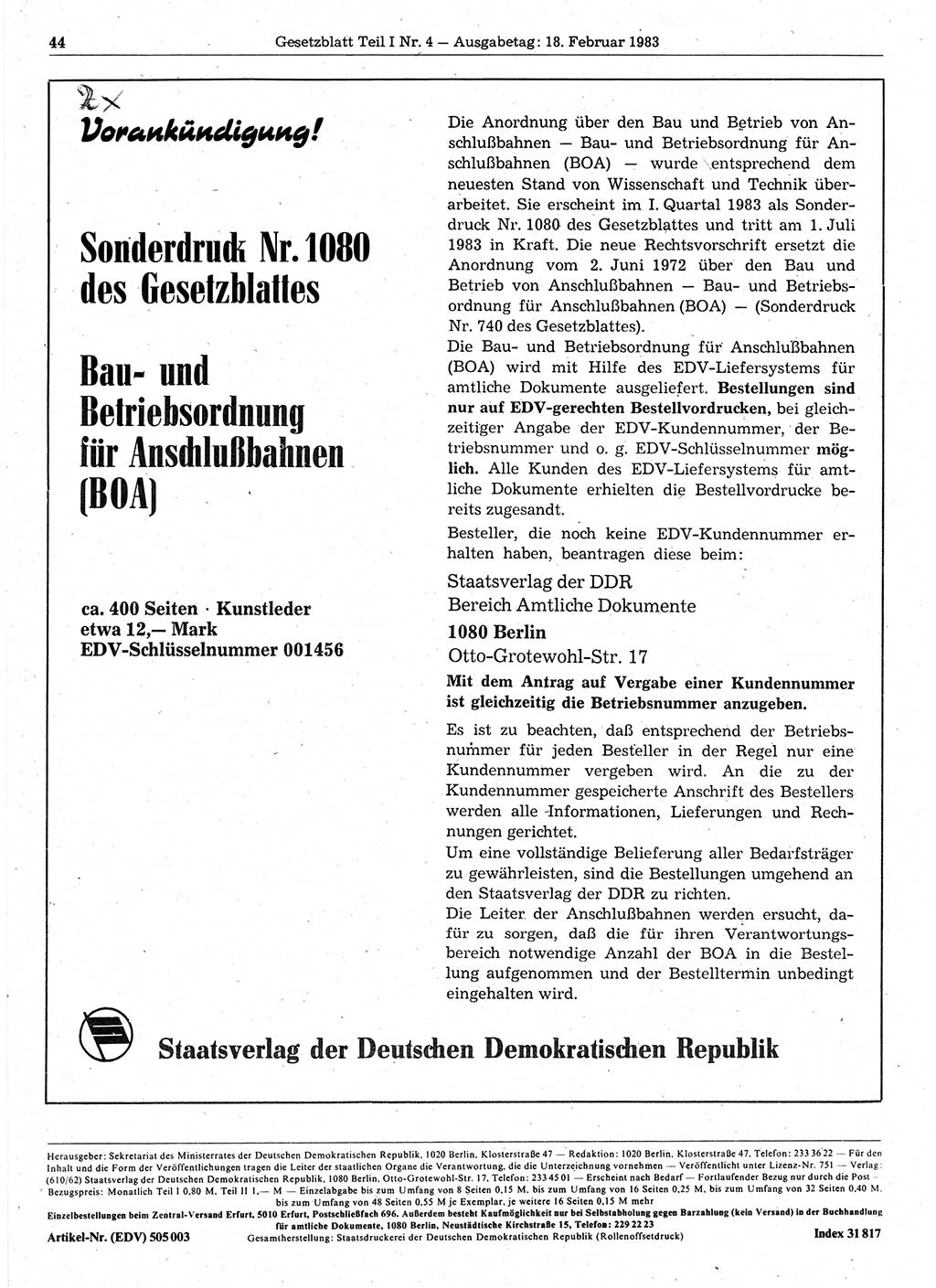 Gesetzblatt (GBl.) der Deutschen Demokratischen Republik (DDR) Teil Ⅰ 1983, Seite 44 (GBl. DDR Ⅰ 1983, S. 44)