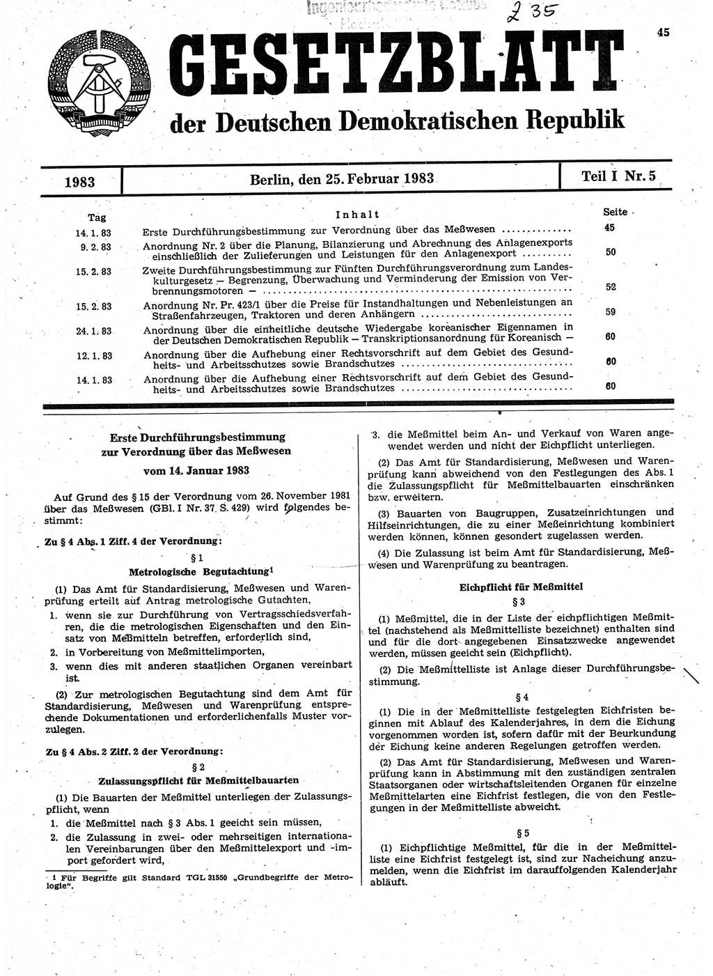 Gesetzblatt (GBl.) der Deutschen Demokratischen Republik (DDR) Teil Ⅰ 1983, Seite 45 (GBl. DDR Ⅰ 1983, S. 45)