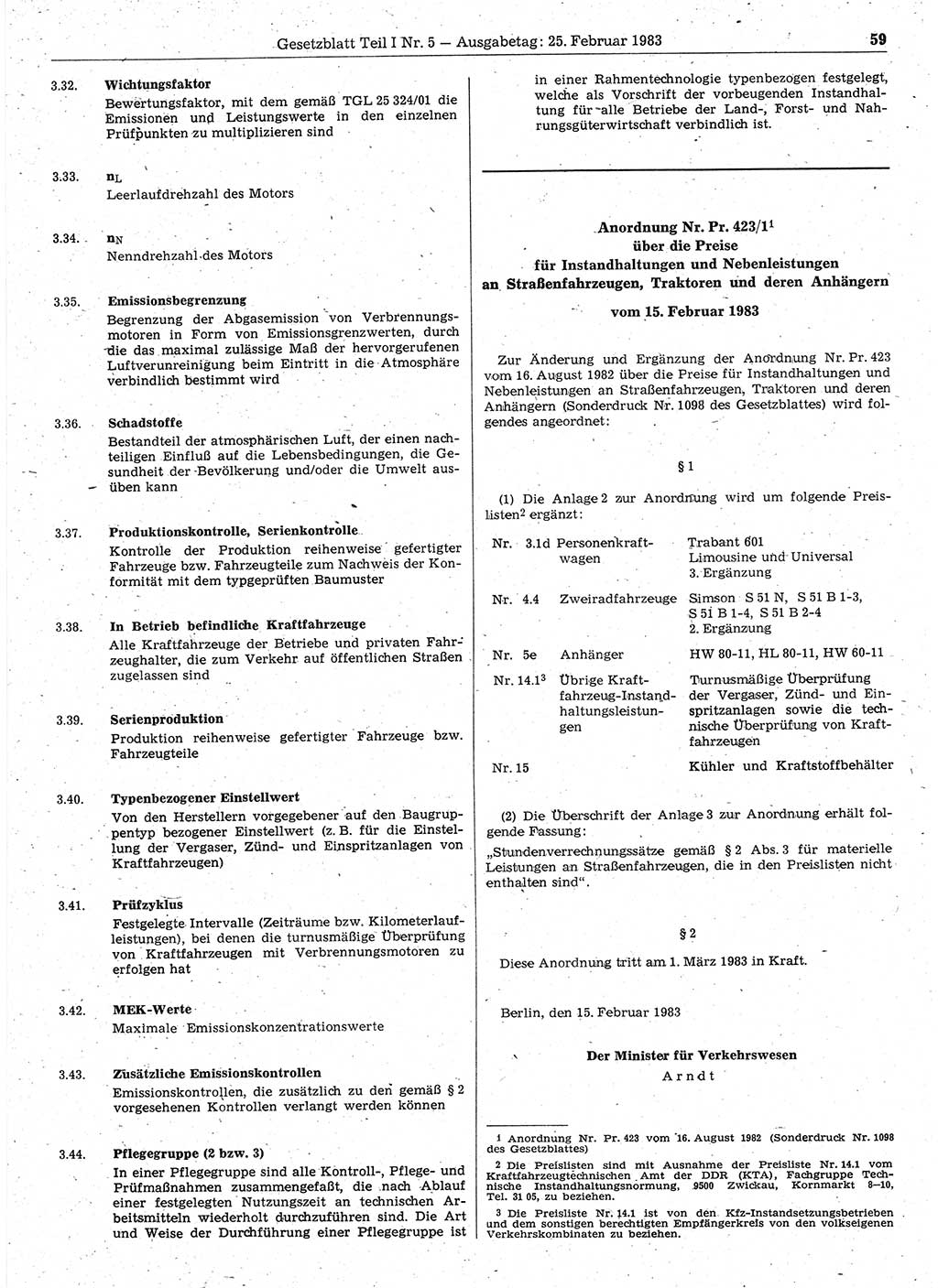 Gesetzblatt (GBl.) der Deutschen Demokratischen Republik (DDR) Teil Ⅰ 1983, Seite 59 (GBl. DDR Ⅰ 1983, S. 59)