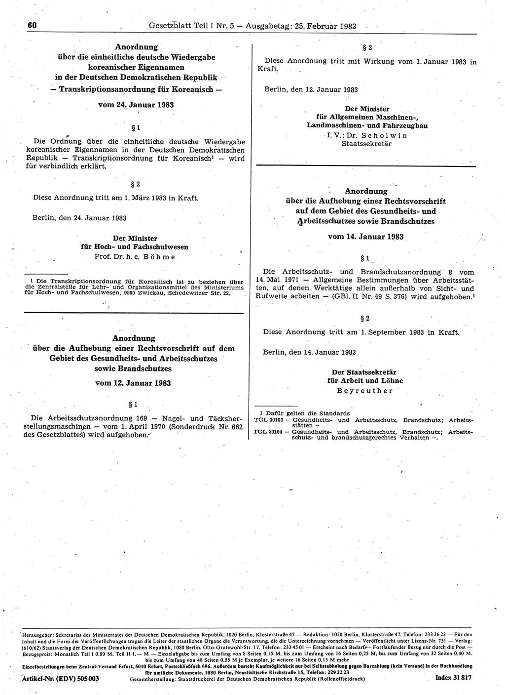 Gesetzblatt (GBl.) der Deutschen Demokratischen Republik (DDR) Teil Ⅰ 1983, Seite 60 (GBl. DDR Ⅰ 1983, S. 60)