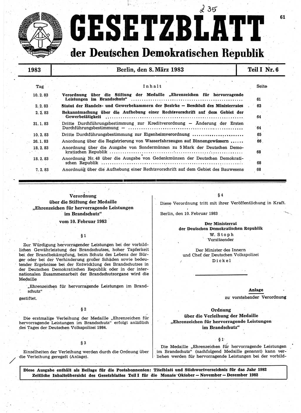 Gesetzblatt (GBl.) der Deutschen Demokratischen Republik (DDR) Teil Ⅰ 1983, Seite 61 (GBl. DDR Ⅰ 1983, S. 61)