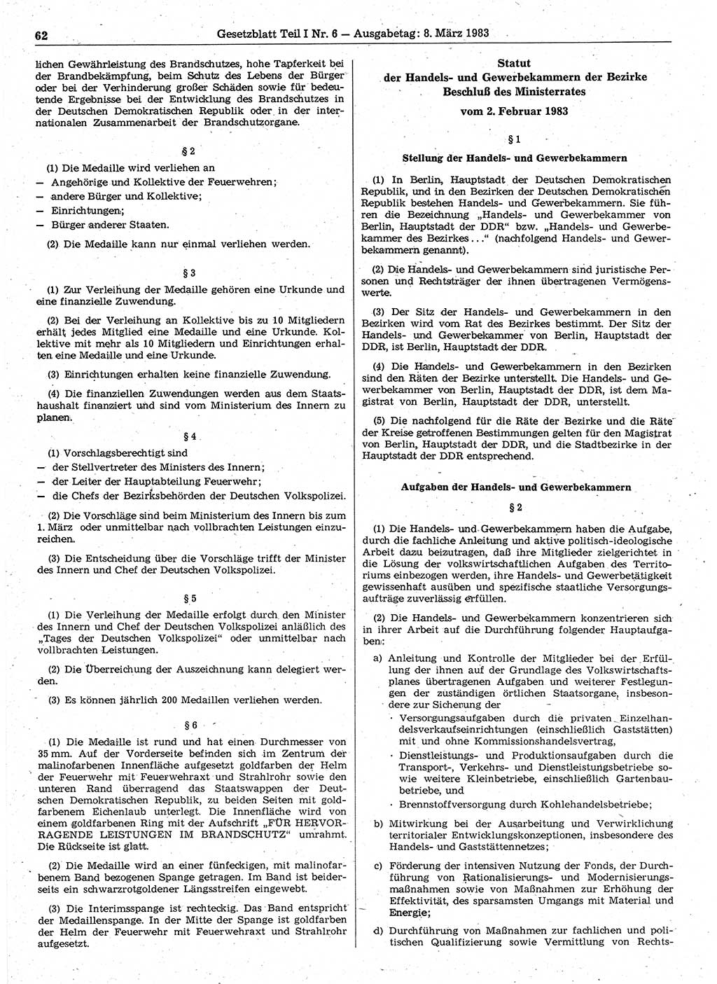 Gesetzblatt (GBl.) der Deutschen Demokratischen Republik (DDR) Teil Ⅰ 1983, Seite 62 (GBl. DDR Ⅰ 1983, S. 62)