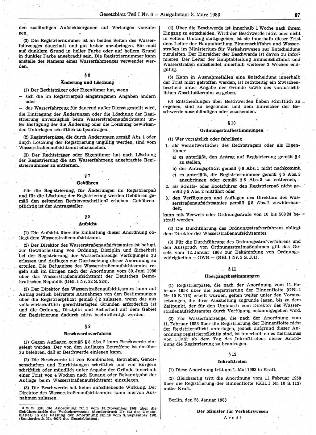 Gesetzblatt (GBl.) der Deutschen Demokratischen Republik (DDR) Teil Ⅰ 1983, Seite 67 (GBl. DDR Ⅰ 1983, S. 67)