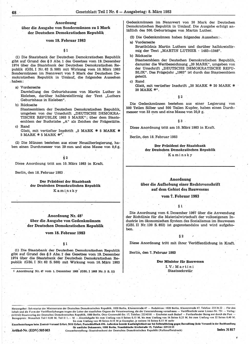 Gesetzblatt (GBl.) der Deutschen Demokratischen Republik (DDR) Teil Ⅰ 1983, Seite 68 (GBl. DDR Ⅰ 1983, S. 68)