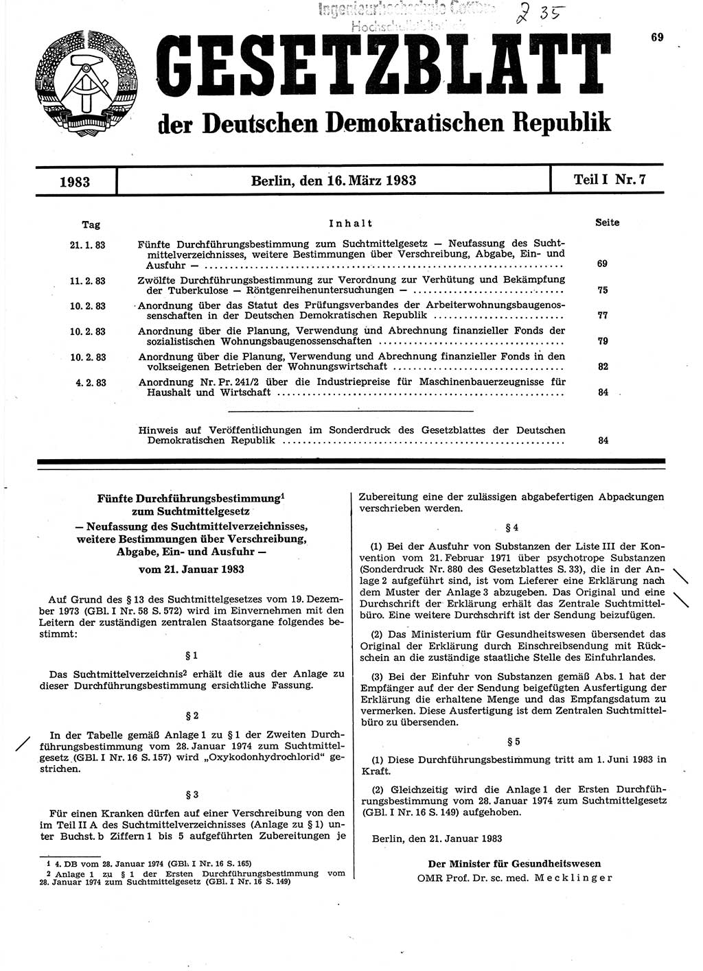 Gesetzblatt (GBl.) der Deutschen Demokratischen Republik (DDR) Teil Ⅰ 1983, Seite 69 (GBl. DDR Ⅰ 1983, S. 69)