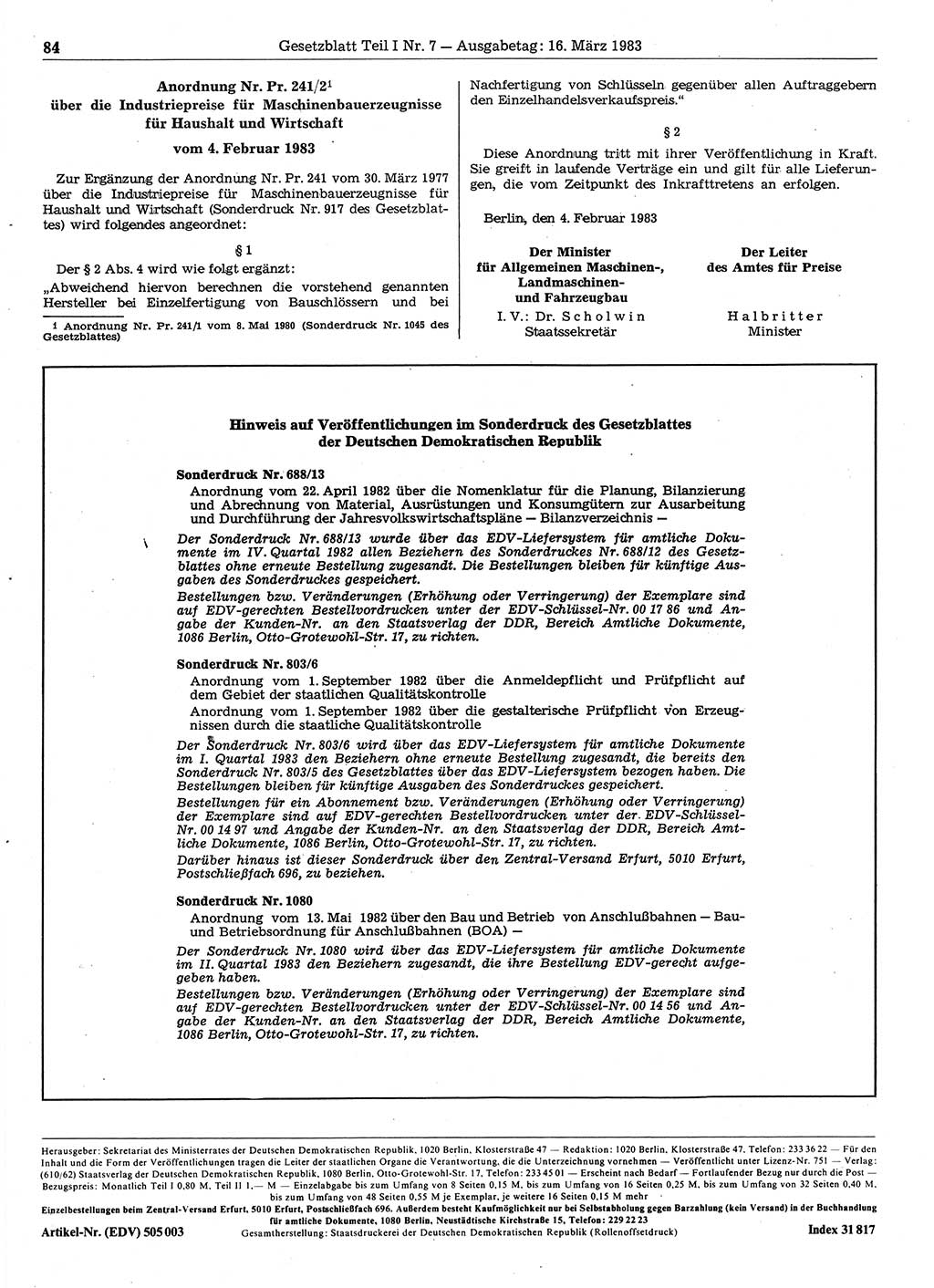 Gesetzblatt (GBl.) der Deutschen Demokratischen Republik (DDR) Teil Ⅰ 1983, Seite 84 (GBl. DDR Ⅰ 1983, S. 84)