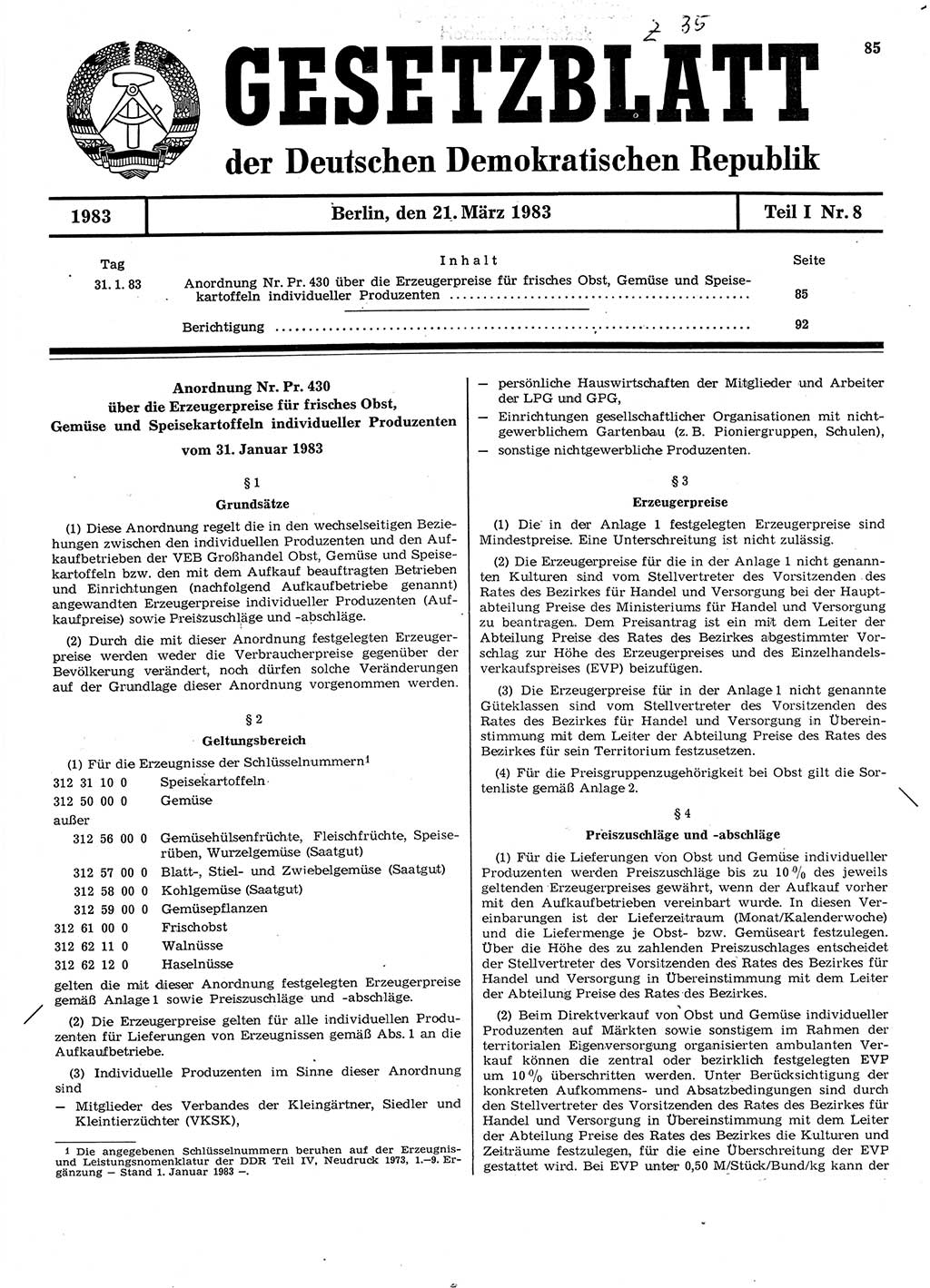 Gesetzblatt (GBl.) der Deutschen Demokratischen Republik (DDR) Teil Ⅰ 1983, Seite 85 (GBl. DDR Ⅰ 1983, S. 85)