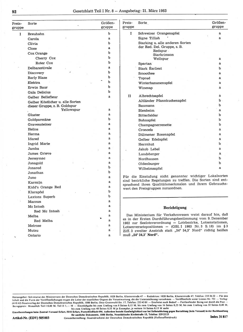 Gesetzblatt (GBl.) der Deutschen Demokratischen Republik (DDR) Teil Ⅰ 1983, Seite 92 (GBl. DDR Ⅰ 1983, S. 92)
