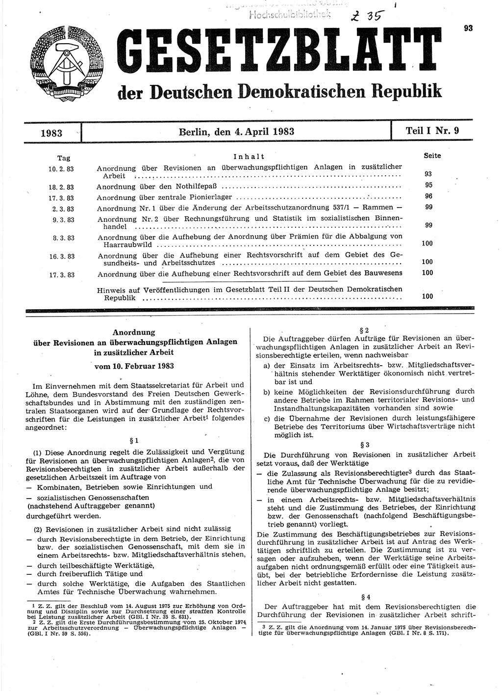 Gesetzblatt (GBl.) der Deutschen Demokratischen Republik (DDR) Teil Ⅰ 1983, Seite 93 (GBl. DDR Ⅰ 1983, S. 93)