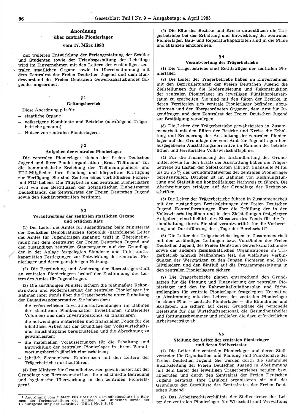 Gesetzblatt (GBl.) der Deutschen Demokratischen Republik (DDR) Teil Ⅰ 1983, Seite 96 (GBl. DDR Ⅰ 1983, S. 96)