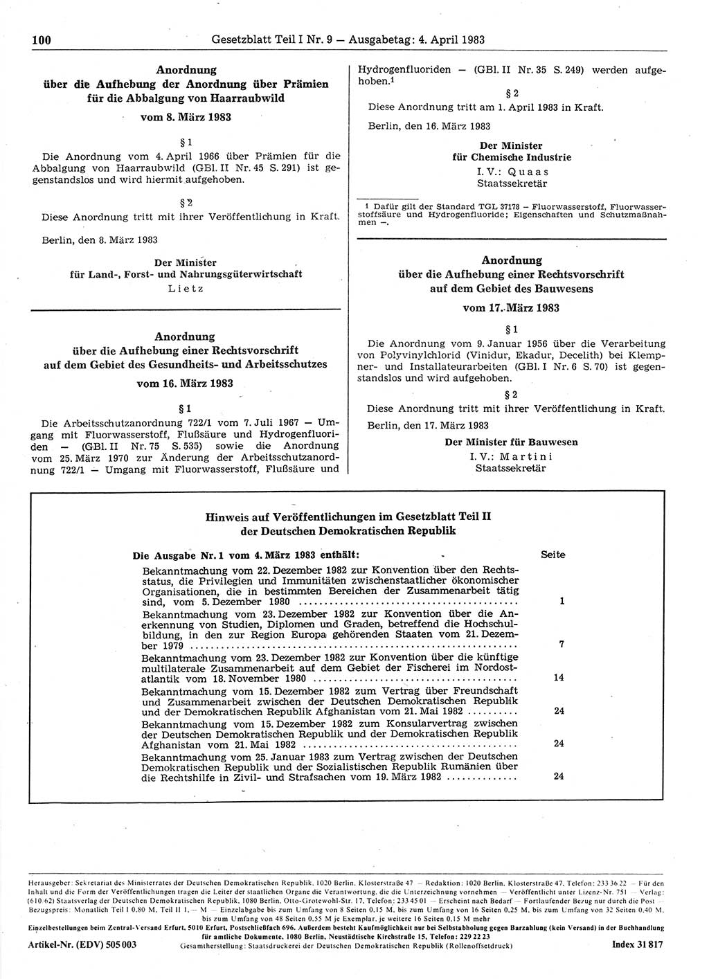 Gesetzblatt (GBl.) der Deutschen Demokratischen Republik (DDR) Teil Ⅰ 1983, Seite 100 (GBl. DDR Ⅰ 1983, S. 100)