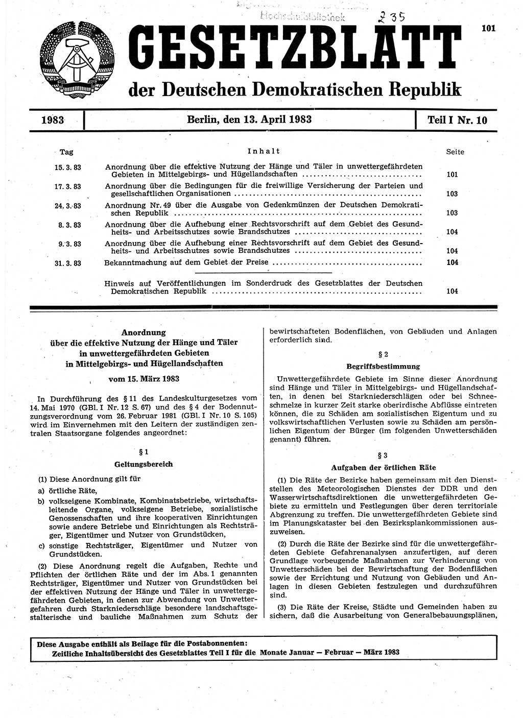 Gesetzblatt (GBl.) der Deutschen Demokratischen Republik (DDR) Teil Ⅰ 1983, Seite 101 (GBl. DDR Ⅰ 1983, S. 101)