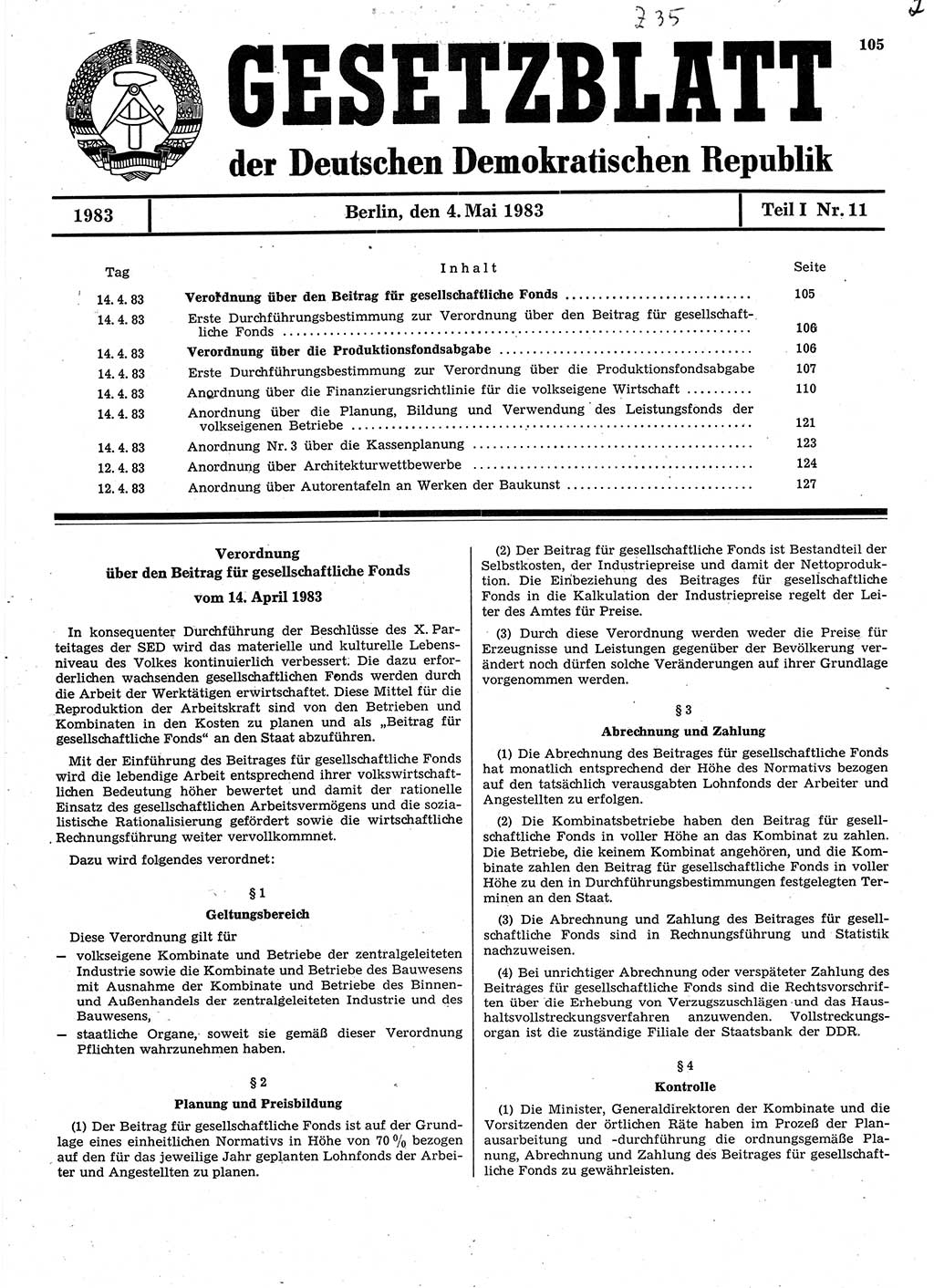 Gesetzblatt (GBl.) der Deutschen Demokratischen Republik (DDR) Teil Ⅰ 1983, Seite 105 (GBl. DDR Ⅰ 1983, S. 105)