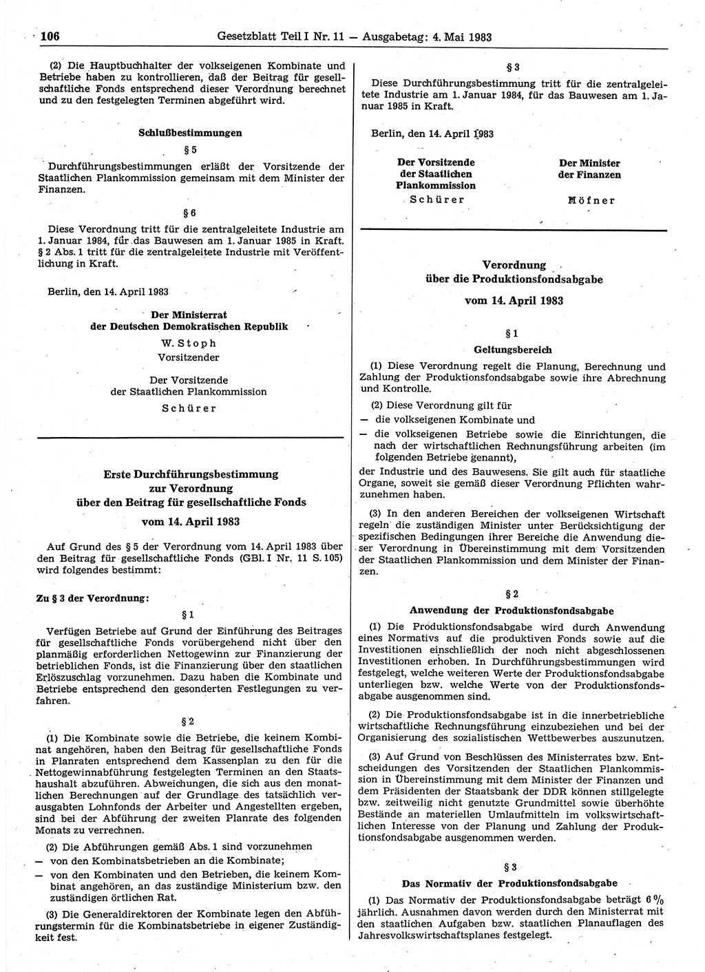 Gesetzblatt (GBl.) der Deutschen Demokratischen Republik (DDR) Teil Ⅰ 1983, Seite 106 (GBl. DDR Ⅰ 1983, S. 106)