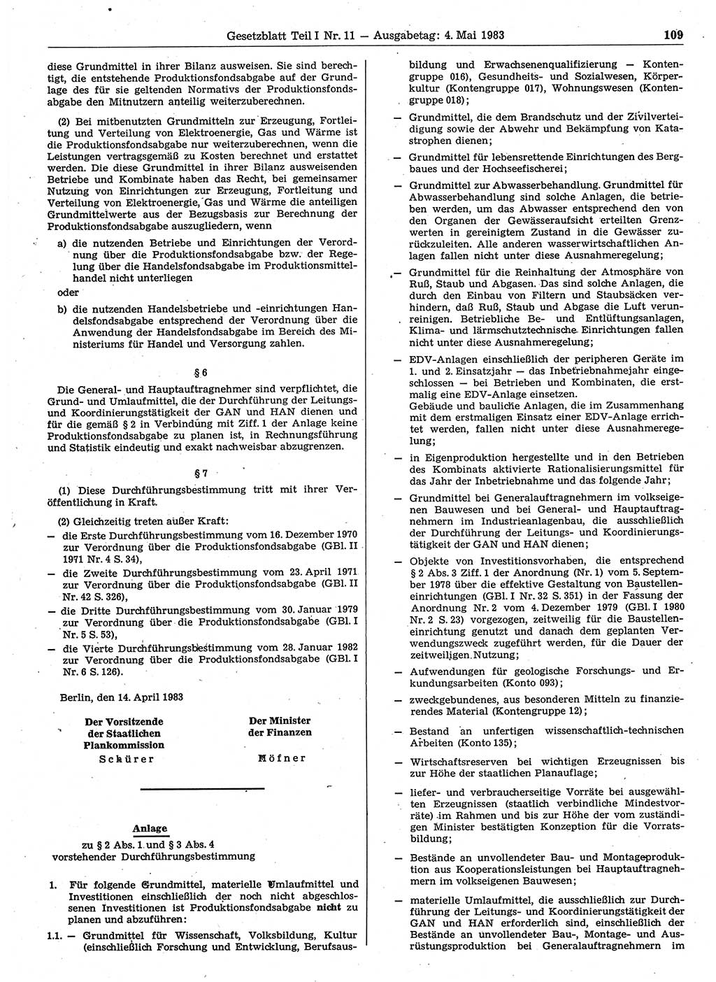 Gesetzblatt (GBl.) der Deutschen Demokratischen Republik (DDR) Teil Ⅰ 1983, Seite 109 (GBl. DDR Ⅰ 1983, S. 109)