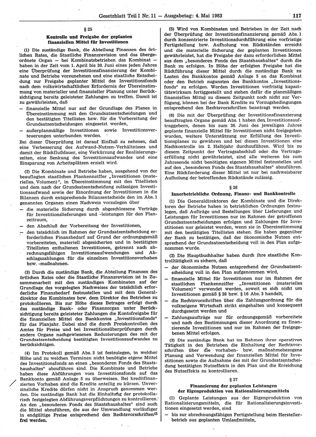Gesetzblatt (GBl.) der Deutschen Demokratischen Republik (DDR) Teil Ⅰ 1983, Seite 117 (GBl. DDR Ⅰ 1983, S. 117)