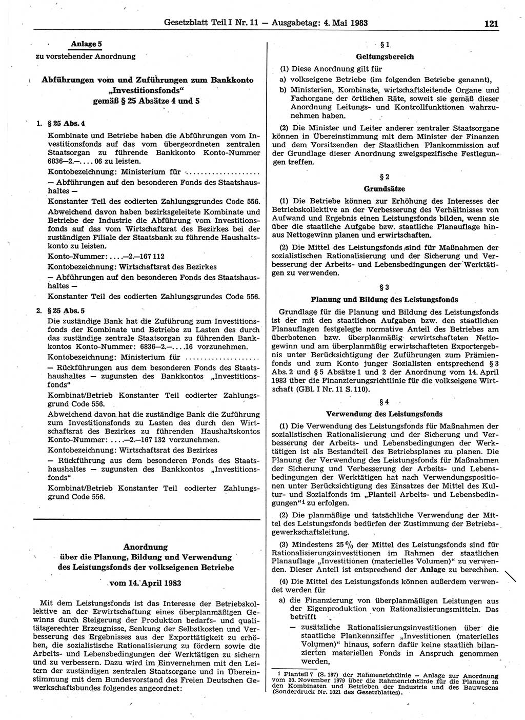 Gesetzblatt (GBl.) der Deutschen Demokratischen Republik (DDR) Teil Ⅰ 1983, Seite 121 (GBl. DDR Ⅰ 1983, S. 121)