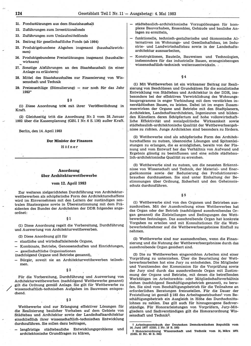 Gesetzblatt (GBl.) der Deutschen Demokratischen Republik (DDR) Teil Ⅰ 1983, Seite 124 (GBl. DDR Ⅰ 1983, S. 124)