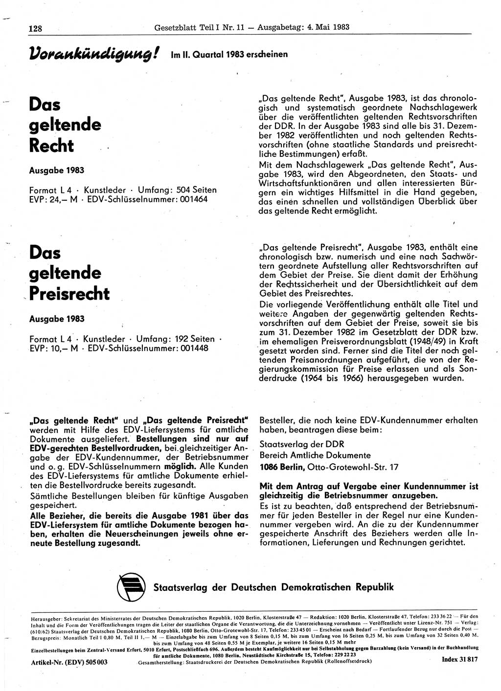 Gesetzblatt (GBl.) der Deutschen Demokratischen Republik (DDR) Teil Ⅰ 1983, Seite 128 (GBl. DDR Ⅰ 1983, S. 128)
