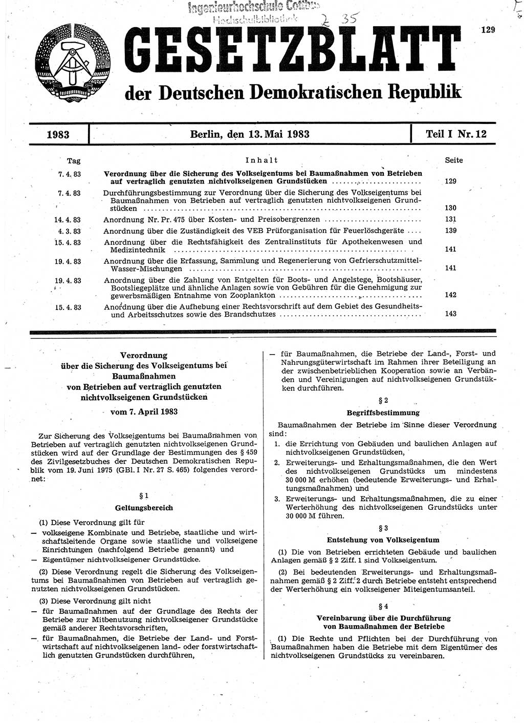 Gesetzblatt (GBl.) der Deutschen Demokratischen Republik (DDR) Teil Ⅰ 1983, Seite 129 (GBl. DDR Ⅰ 1983, S. 129)