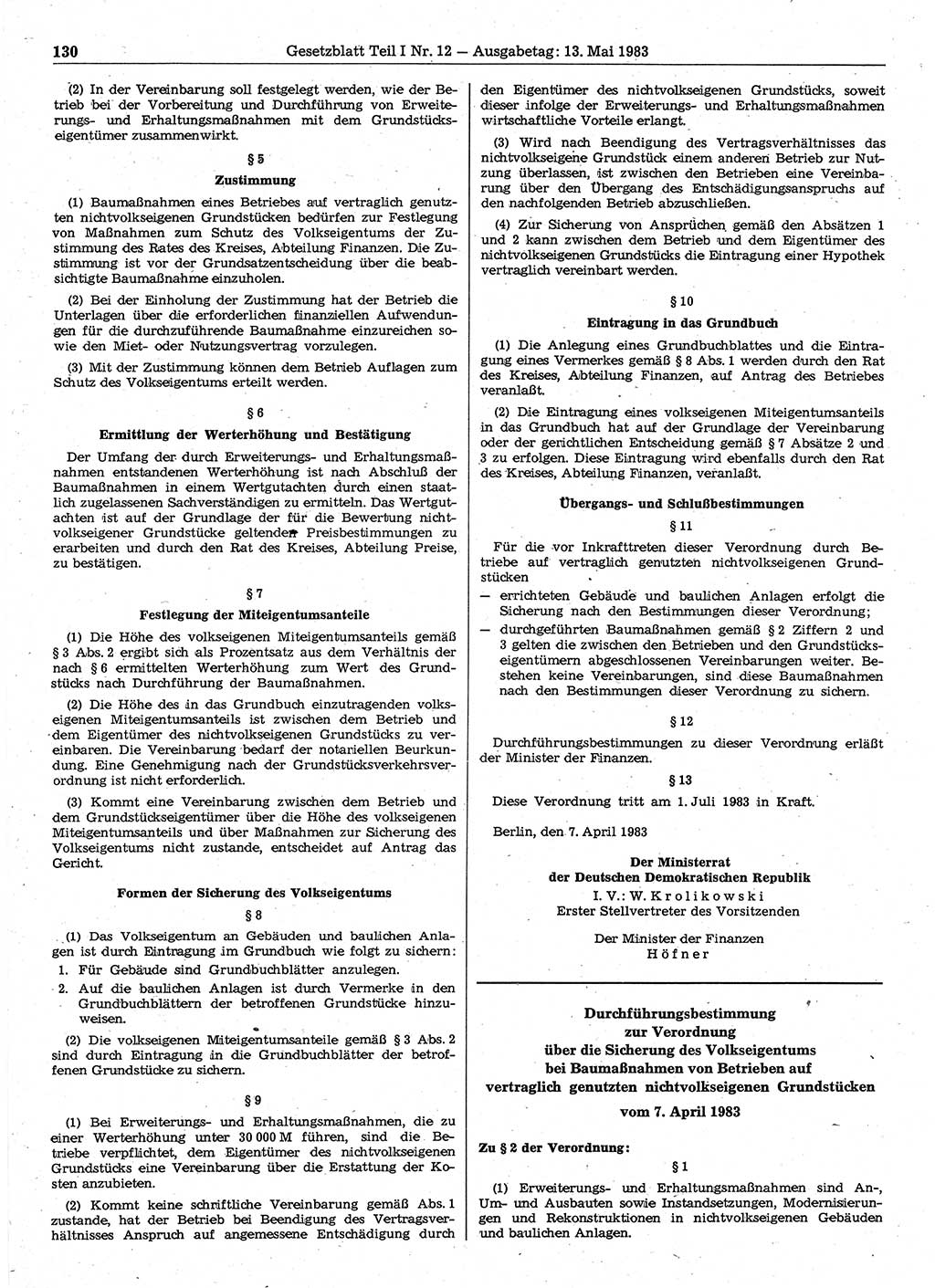 Gesetzblatt (GBl.) der Deutschen Demokratischen Republik (DDR) Teil Ⅰ 1983, Seite 130 (GBl. DDR Ⅰ 1983, S. 130)