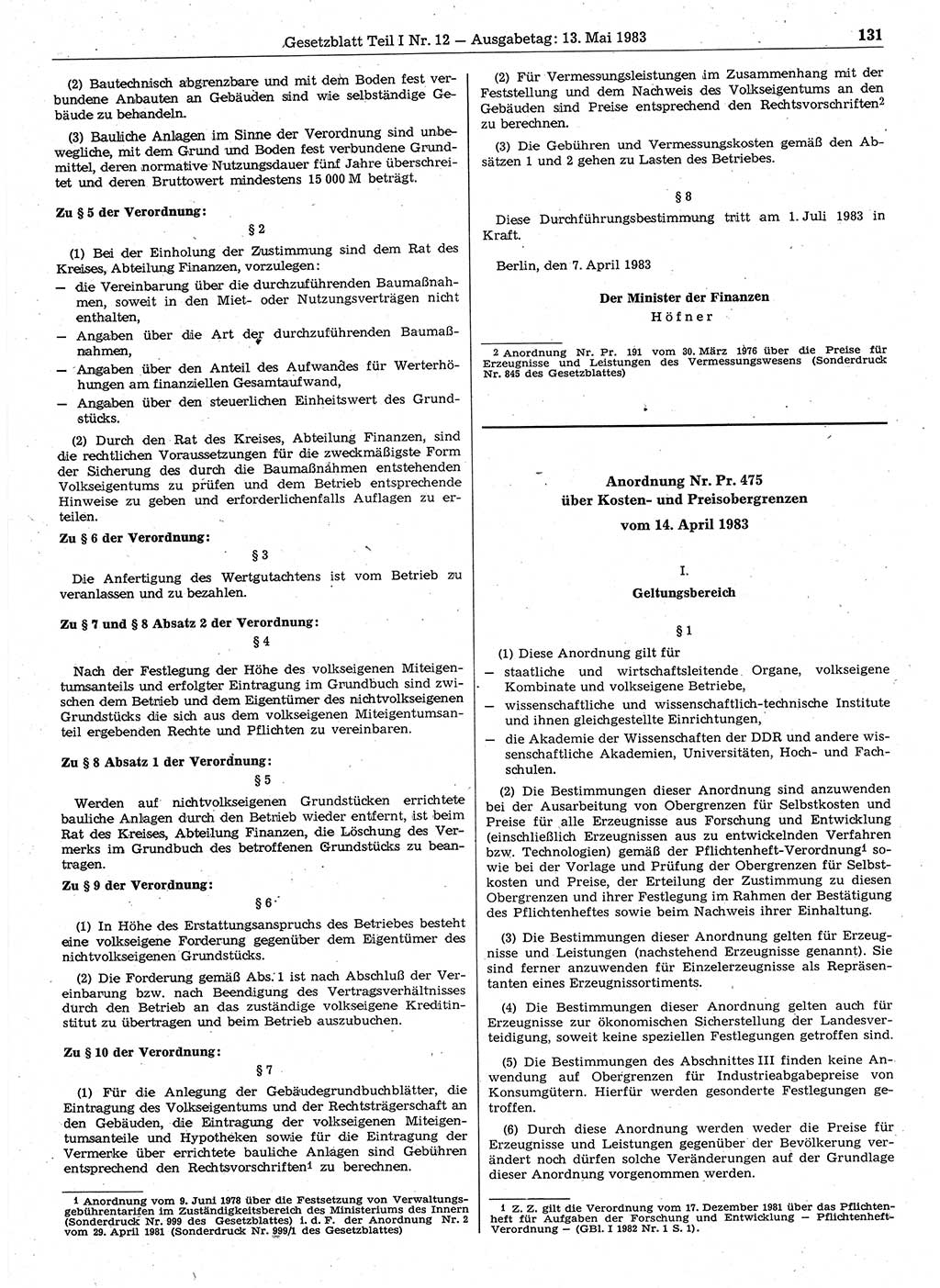 Gesetzblatt (GBl.) der Deutschen Demokratischen Republik (DDR) Teil Ⅰ 1983, Seite 131 (GBl. DDR Ⅰ 1983, S. 131)