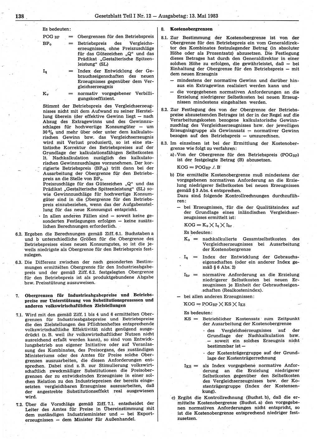 Gesetzblatt (GBl.) der Deutschen Demokratischen Republik (DDR) Teil Ⅰ 1983, Seite 138 (GBl. DDR Ⅰ 1983, S. 138)