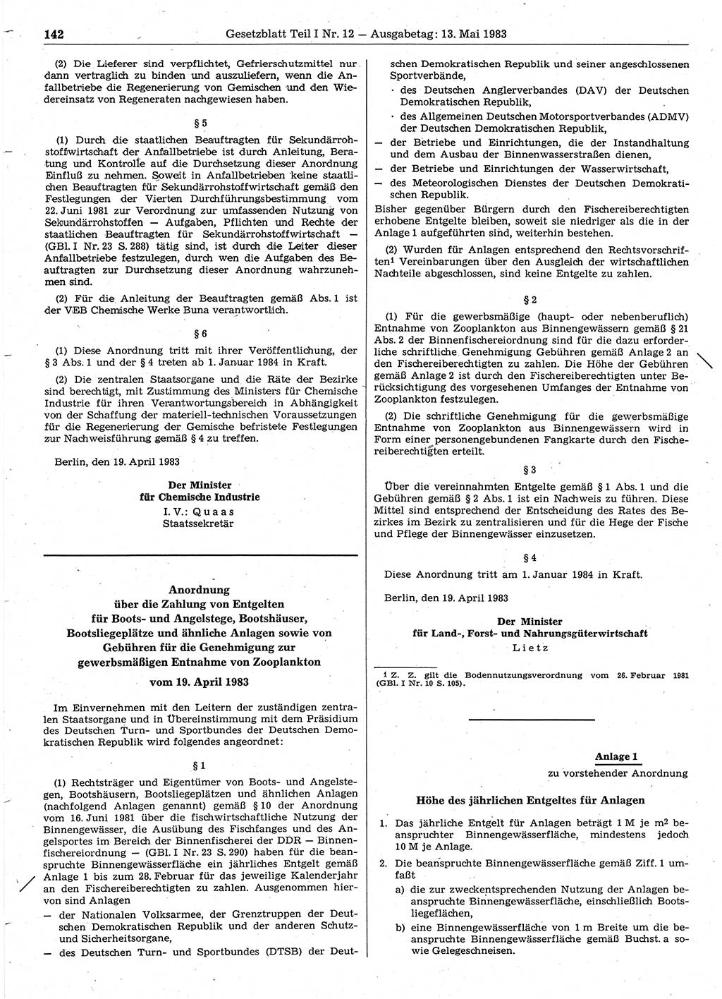 Gesetzblatt (GBl.) der Deutschen Demokratischen Republik (DDR) Teil Ⅰ 1983, Seite 142 (GBl. DDR Ⅰ 1983, S. 142)
