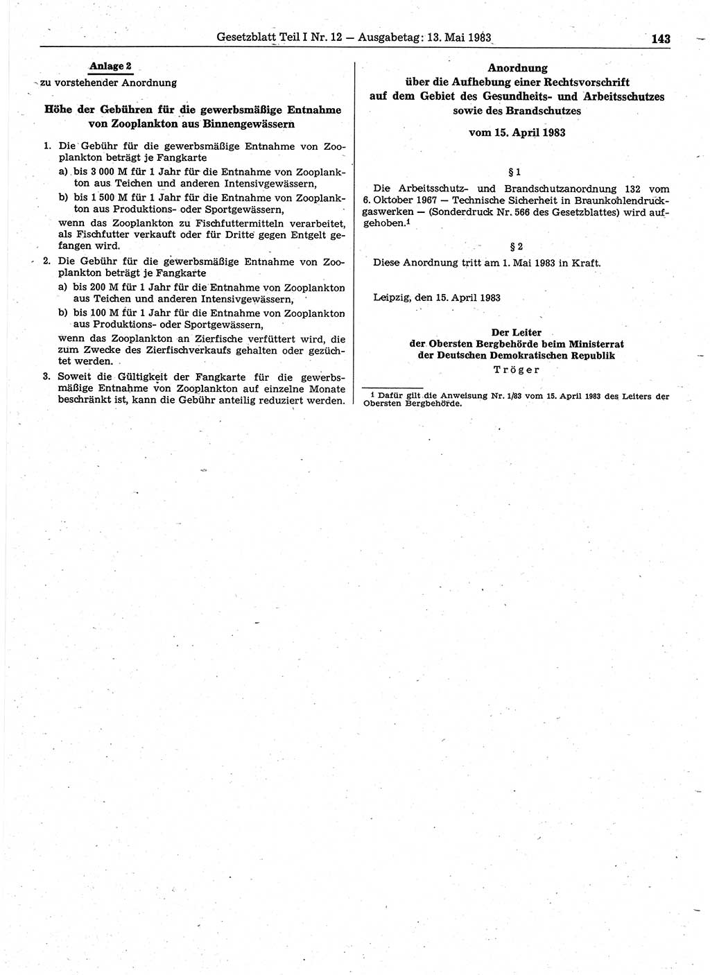 Gesetzblatt (GBl.) der Deutschen Demokratischen Republik (DDR) Teil Ⅰ 1983, Seite 143 (GBl. DDR Ⅰ 1983, S. 143)