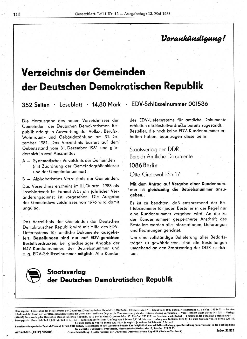 Gesetzblatt (GBl.) der Deutschen Demokratischen Republik (DDR) Teil Ⅰ 1983, Seite 144 (GBl. DDR Ⅰ 1983, S. 144)