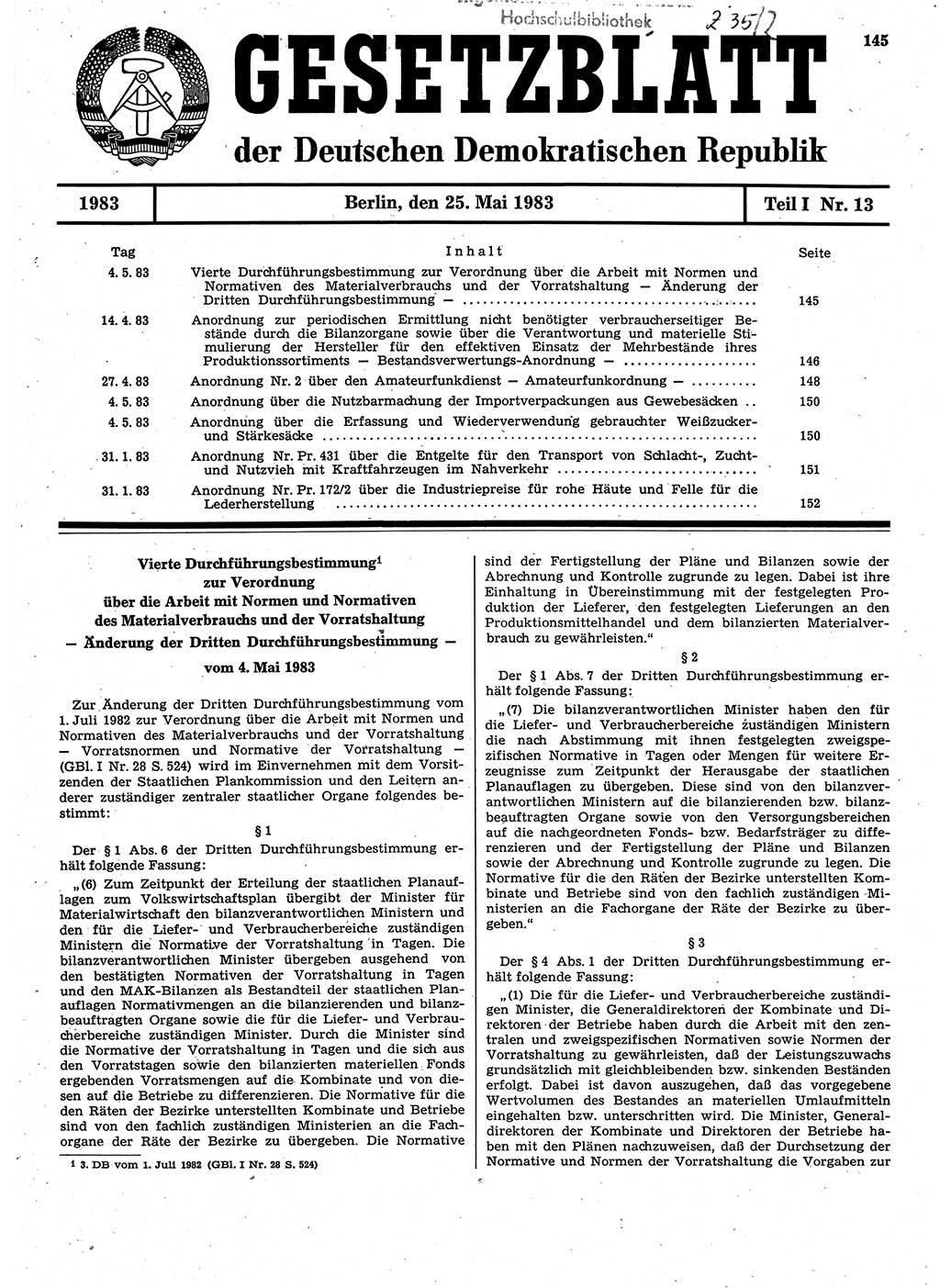 Gesetzblatt (GBl.) der Deutschen Demokratischen Republik (DDR) Teil Ⅰ 1983, Seite 145 (GBl. DDR Ⅰ 1983, S. 145)