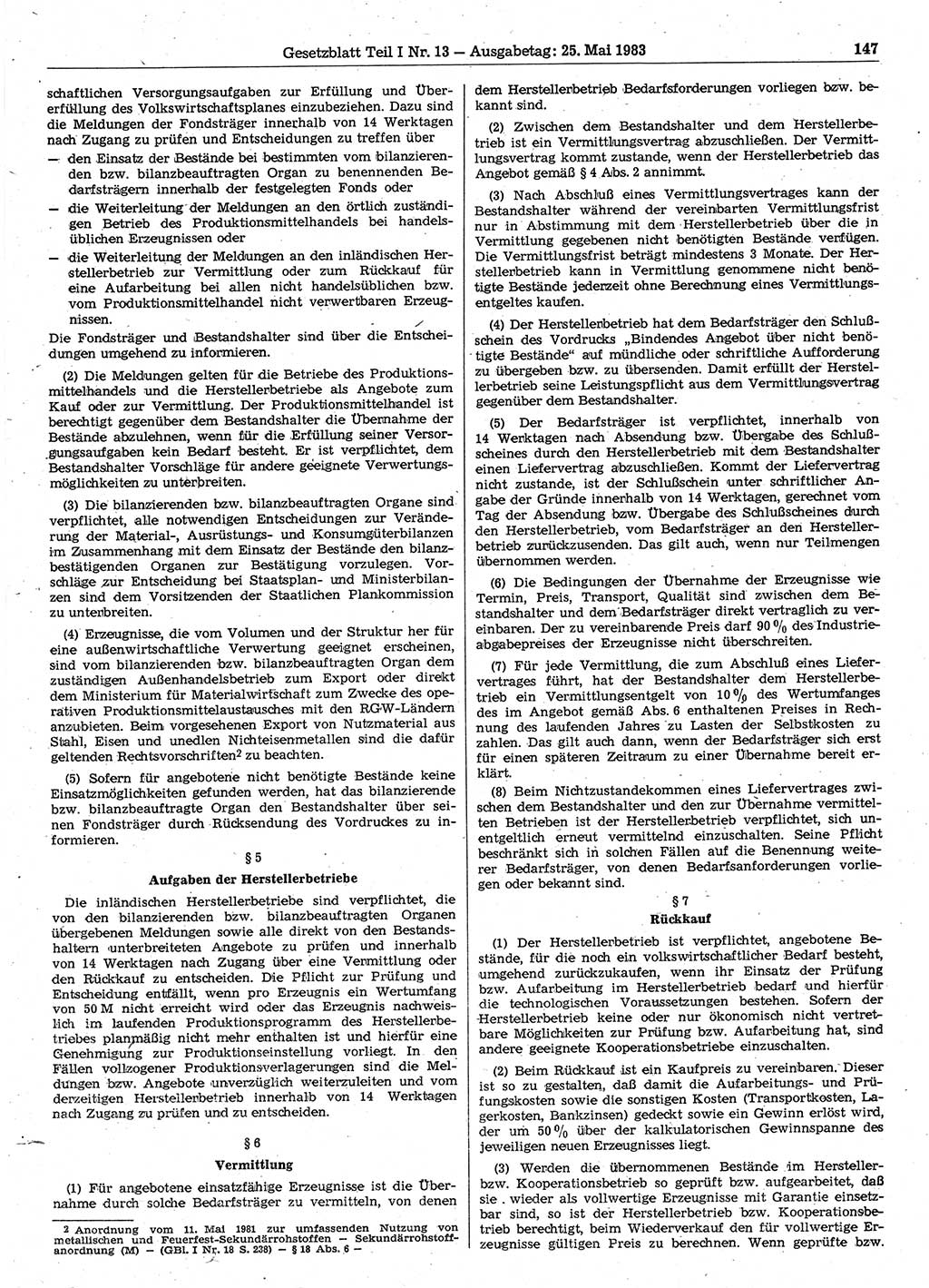 Gesetzblatt (GBl.) der Deutschen Demokratischen Republik (DDR) Teil Ⅰ 1983, Seite 147 (GBl. DDR Ⅰ 1983, S. 147)