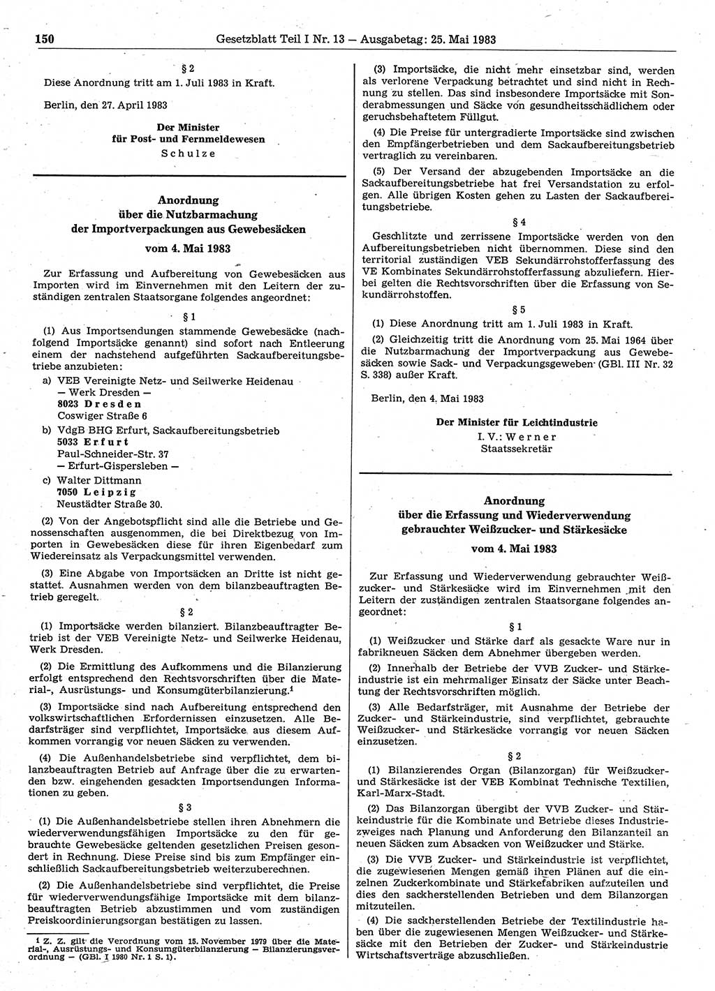 Gesetzblatt (GBl.) der Deutschen Demokratischen Republik (DDR) Teil Ⅰ 1983, Seite 150 (GBl. DDR Ⅰ 1983, S. 150)