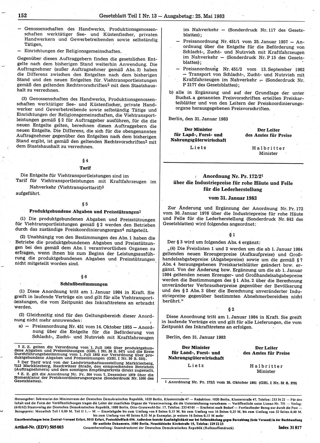Gesetzblatt (GBl.) der Deutschen Demokratischen Republik (DDR) Teil Ⅰ 1983, Seite 152 (GBl. DDR Ⅰ 1983, S. 152)