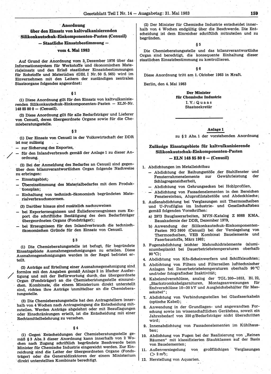 Gesetzblatt (GBl.) der Deutschen Demokratischen Republik (DDR) Teil Ⅰ 1983, Seite 159 (GBl. DDR Ⅰ 1983, S. 159)