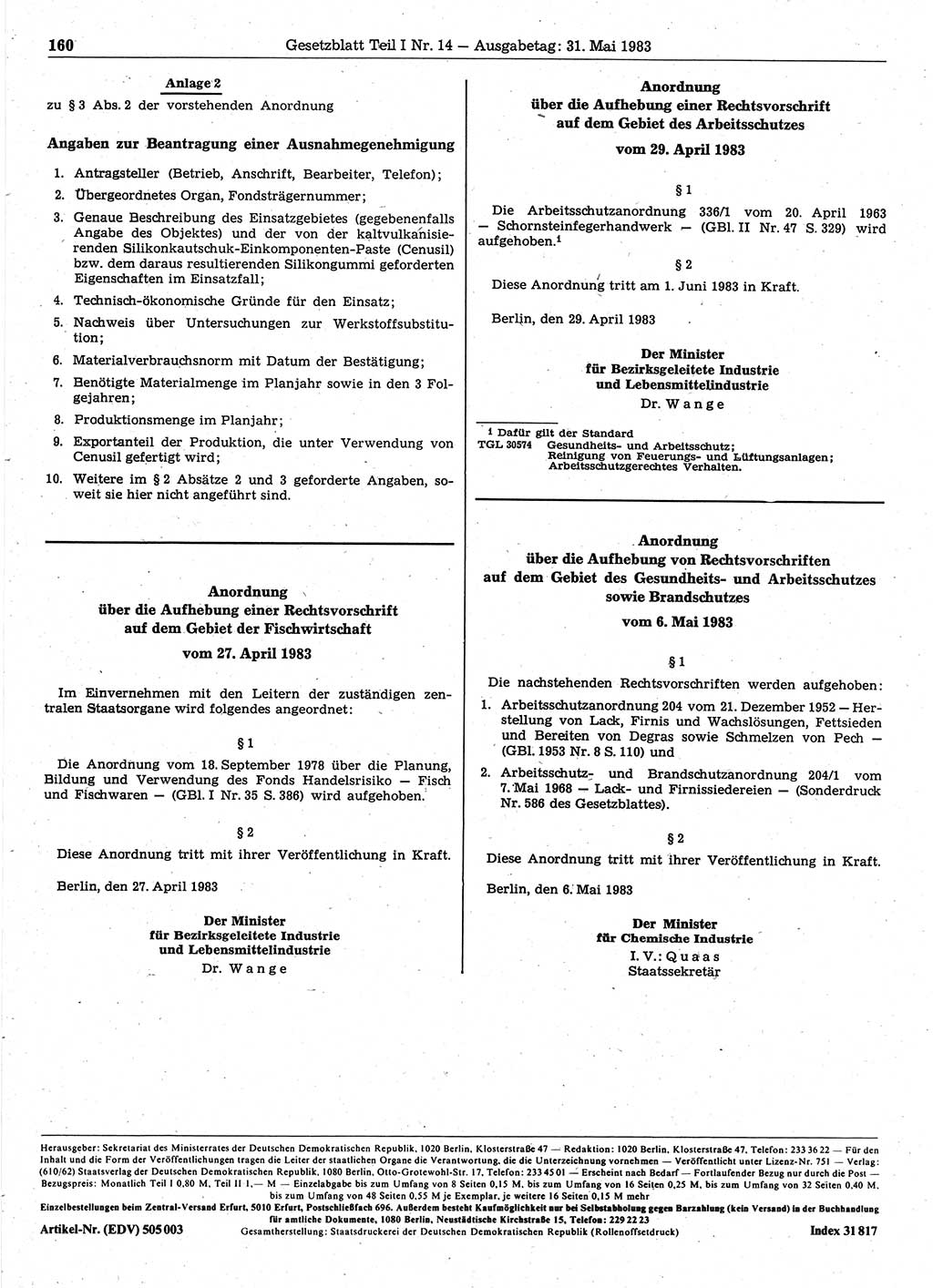 Gesetzblatt (GBl.) der Deutschen Demokratischen Republik (DDR) Teil Ⅰ 1983, Seite 160 (GBl. DDR Ⅰ 1983, S. 160)