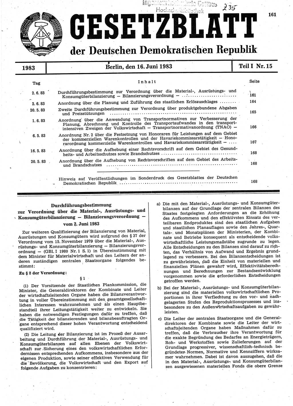 Gesetzblatt (GBl.) der Deutschen Demokratischen Republik (DDR) Teil Ⅰ 1983, Seite 161 (GBl. DDR Ⅰ 1983, S. 161)