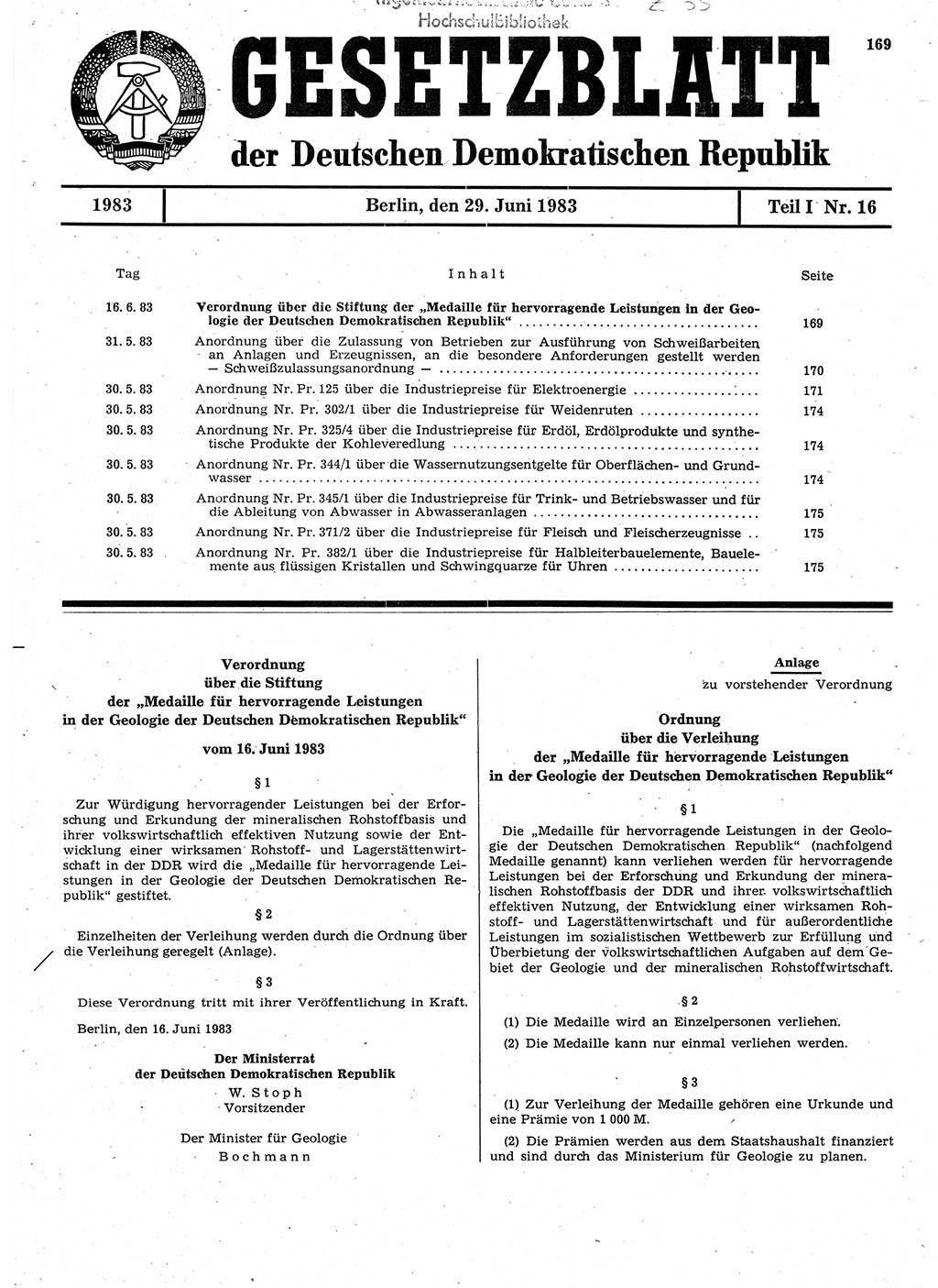 Gesetzblatt (GBl.) der Deutschen Demokratischen Republik (DDR) Teil Ⅰ 1983, Seite 169 (GBl. DDR Ⅰ 1983, S. 169)