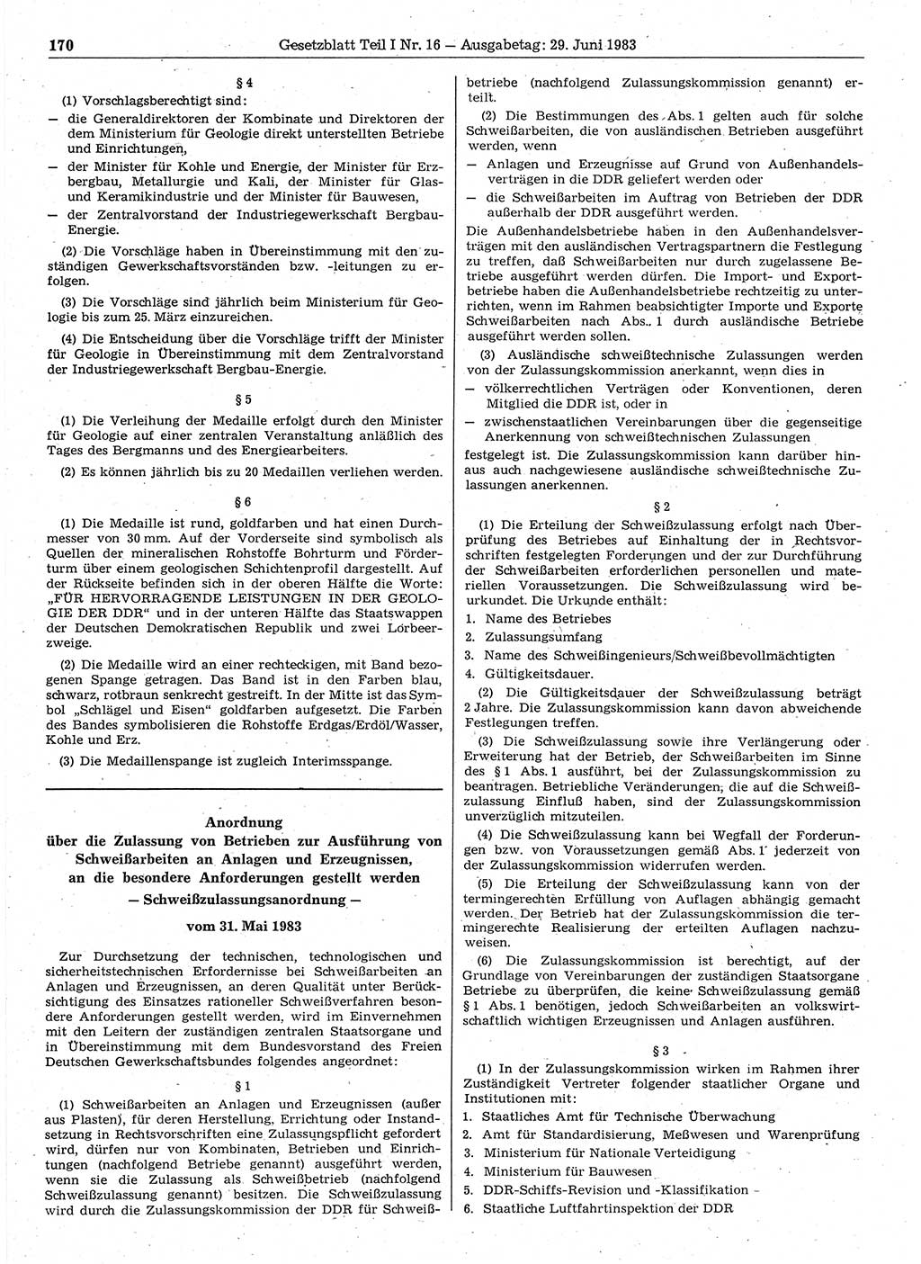Gesetzblatt (GBl.) der Deutschen Demokratischen Republik (DDR) Teil Ⅰ 1983, Seite 170 (GBl. DDR Ⅰ 1983, S. 170)