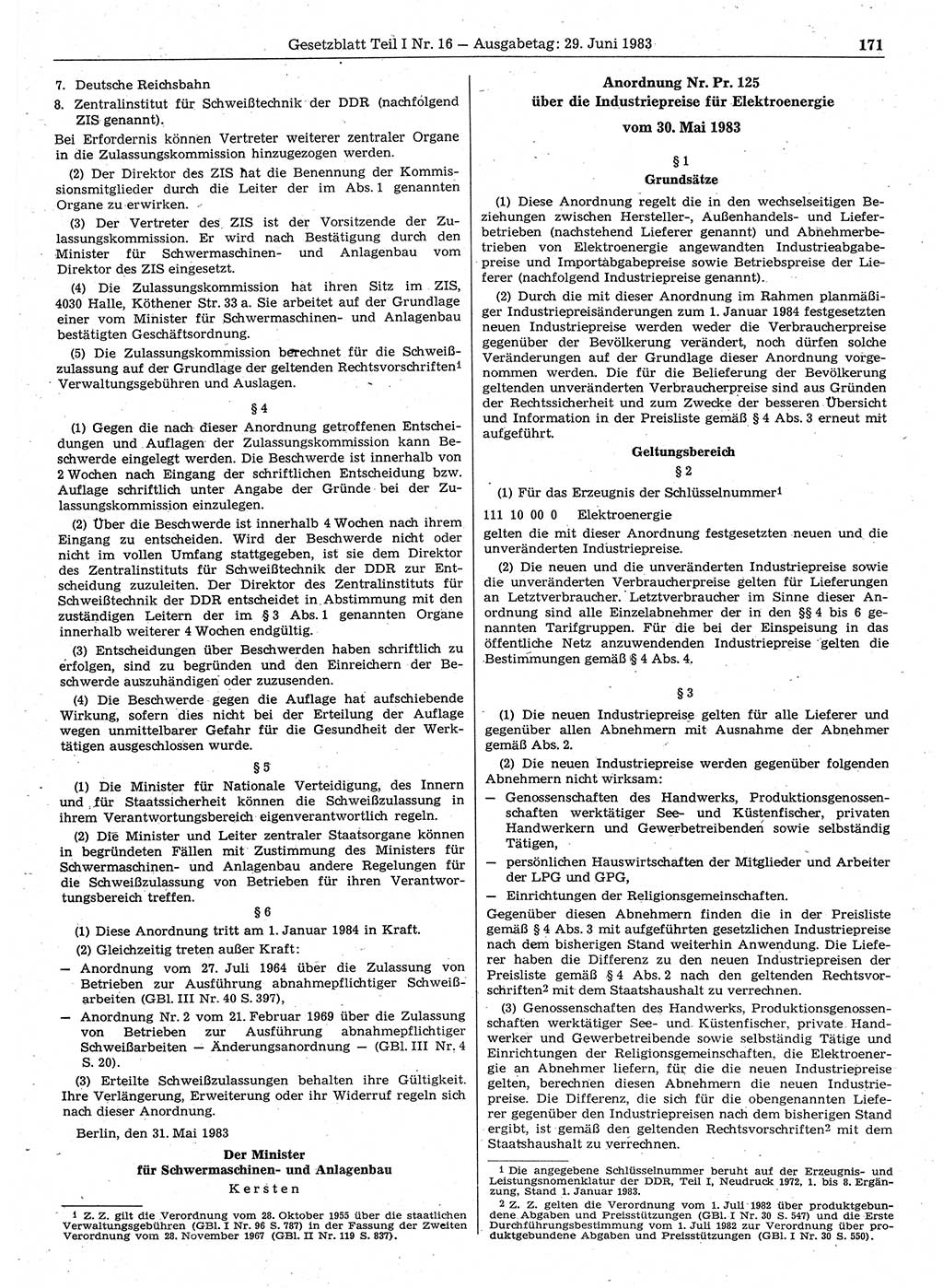 Gesetzblatt (GBl.) der Deutschen Demokratischen Republik (DDR) Teil Ⅰ 1983, Seite 171 (GBl. DDR Ⅰ 1983, S. 171)