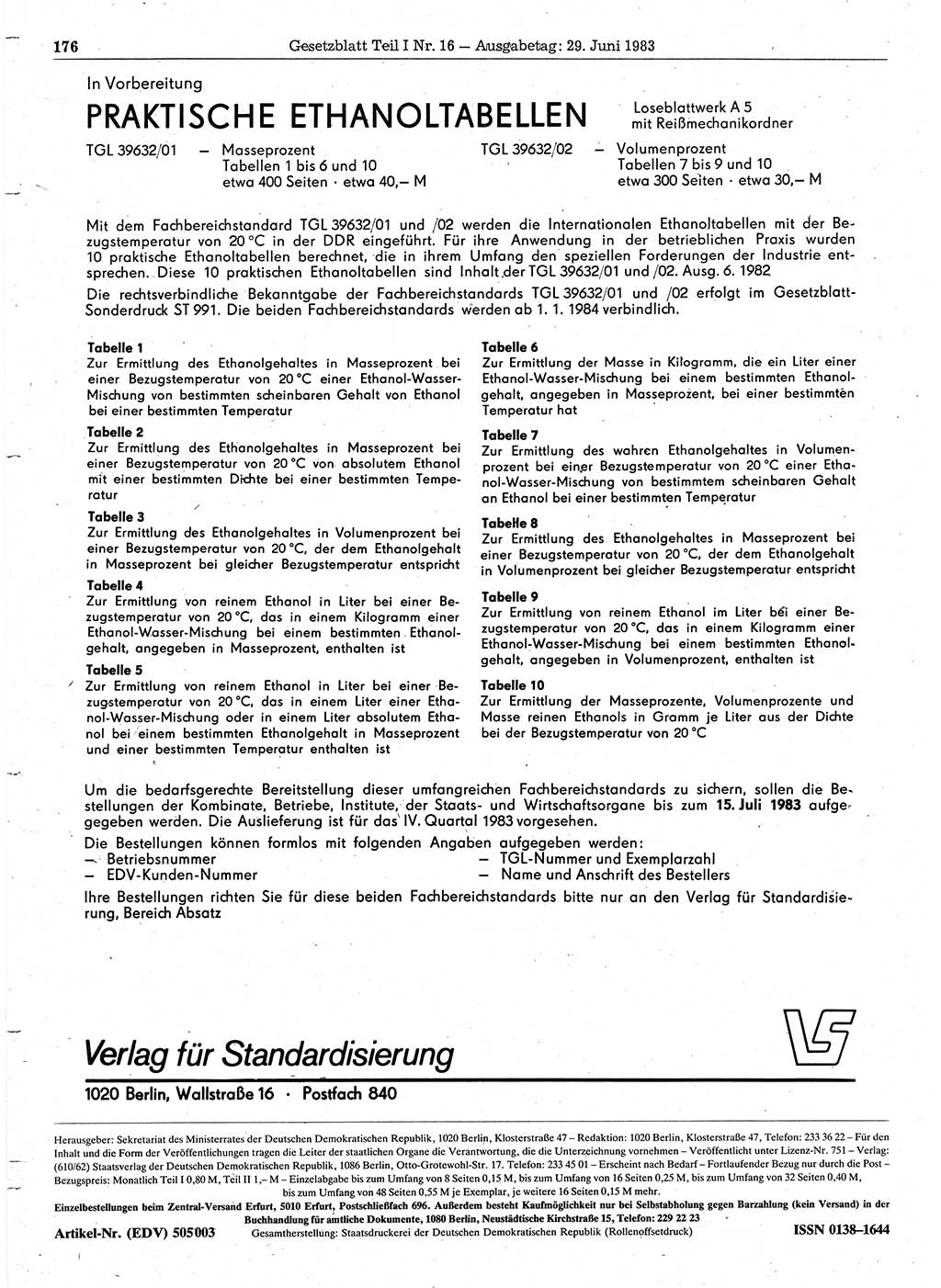 Gesetzblatt (GBl.) der Deutschen Demokratischen Republik (DDR) Teil Ⅰ 1983, Seite 176 (GBl. DDR Ⅰ 1983, S. 176)