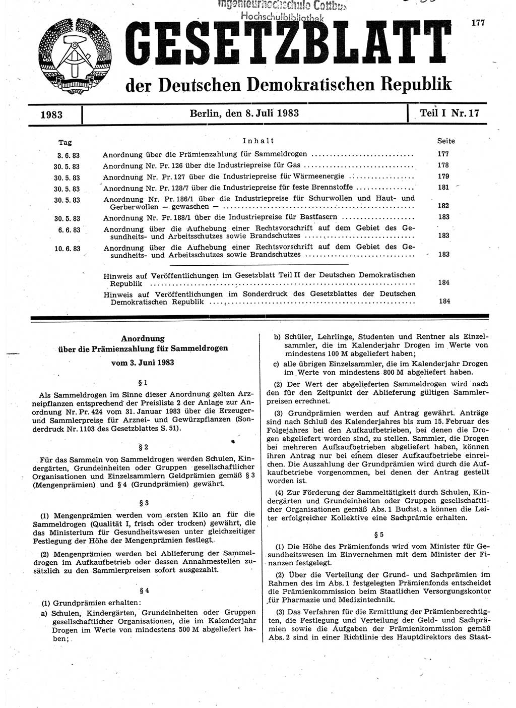 Gesetzblatt (GBl.) der Deutschen Demokratischen Republik (DDR) Teil Ⅰ 1983, Seite 177 (GBl. DDR Ⅰ 1983, S. 177)
