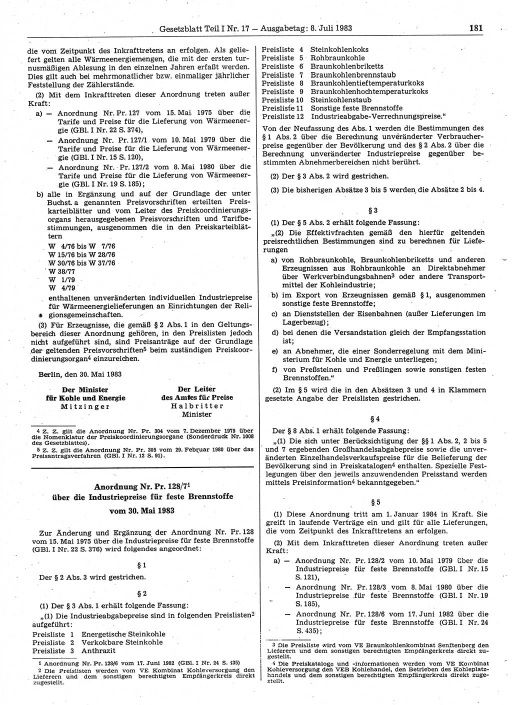 Gesetzblatt (GBl.) der Deutschen Demokratischen Republik (DDR) Teil Ⅰ 1983, Seite 181 (GBl. DDR Ⅰ 1983, S. 181)