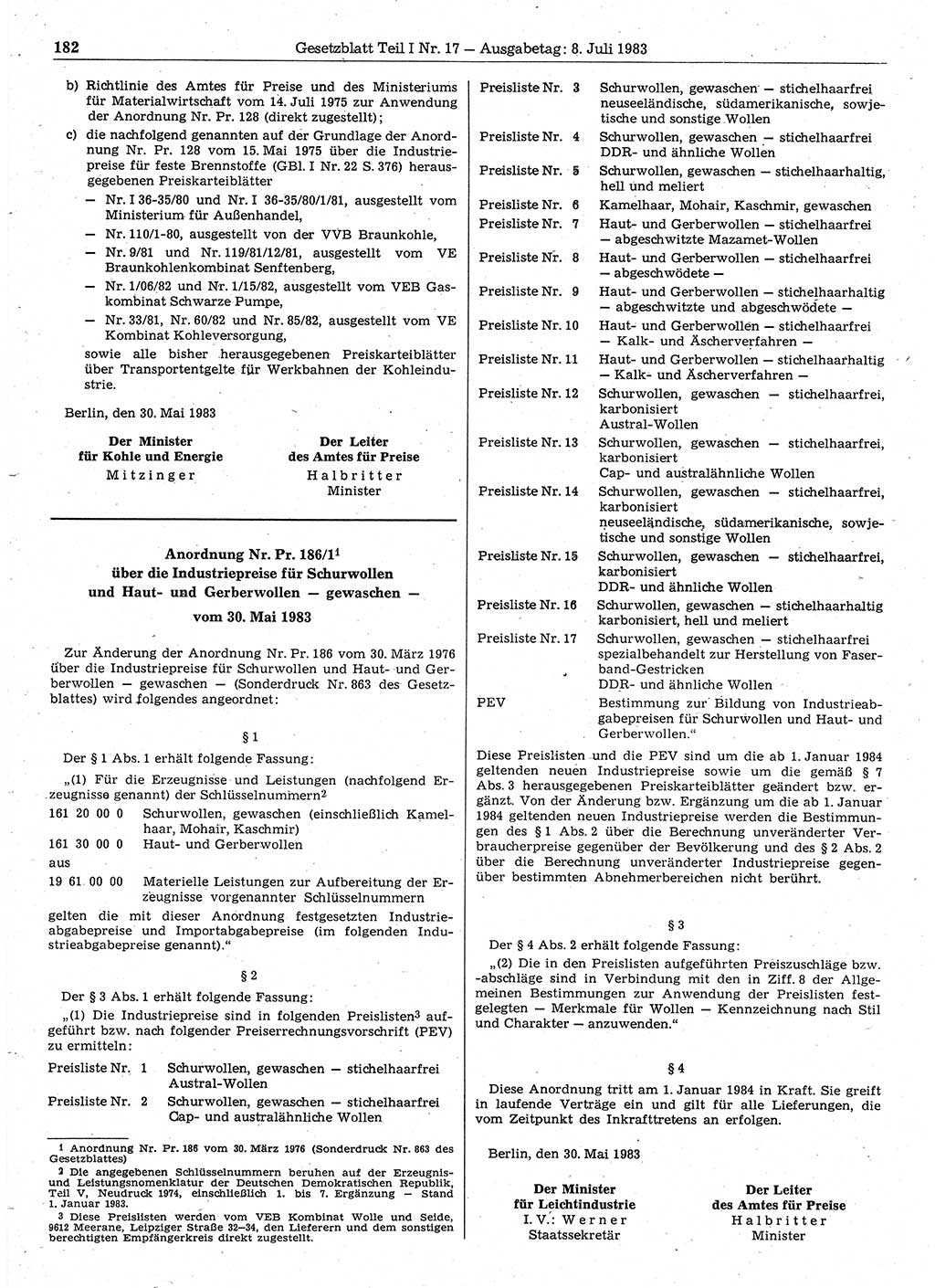 Gesetzblatt (GBl.) der Deutschen Demokratischen Republik (DDR) Teil Ⅰ 1983, Seite 182 (GBl. DDR Ⅰ 1983, S. 182)