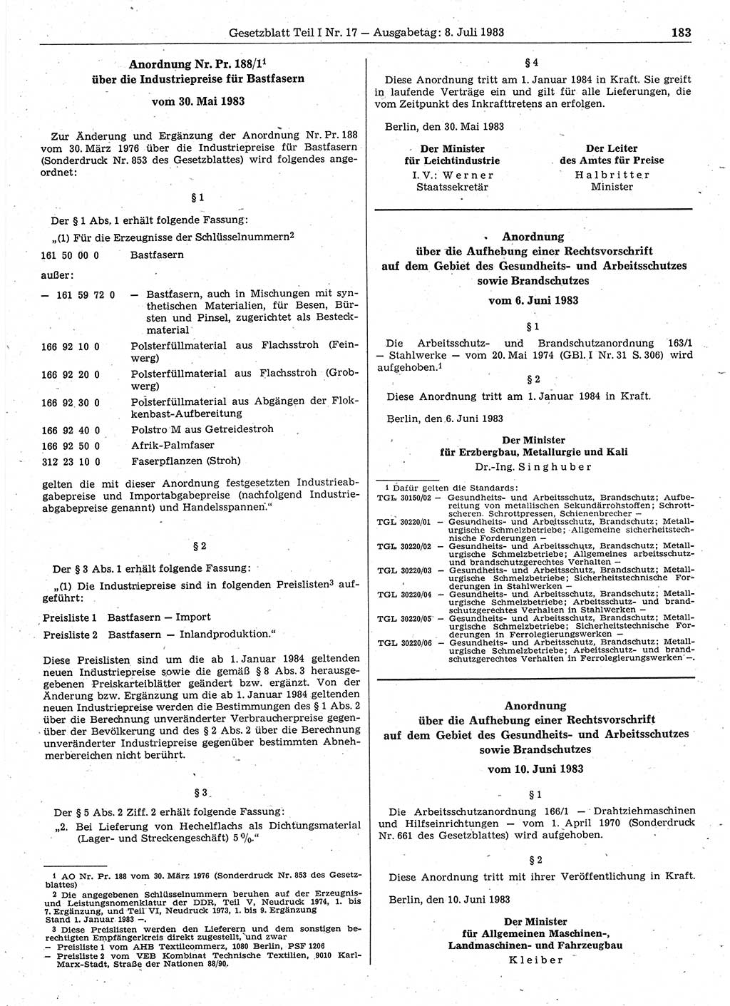 Gesetzblatt (GBl.) der Deutschen Demokratischen Republik (DDR) Teil Ⅰ 1983, Seite 183 (GBl. DDR Ⅰ 1983, S. 183)