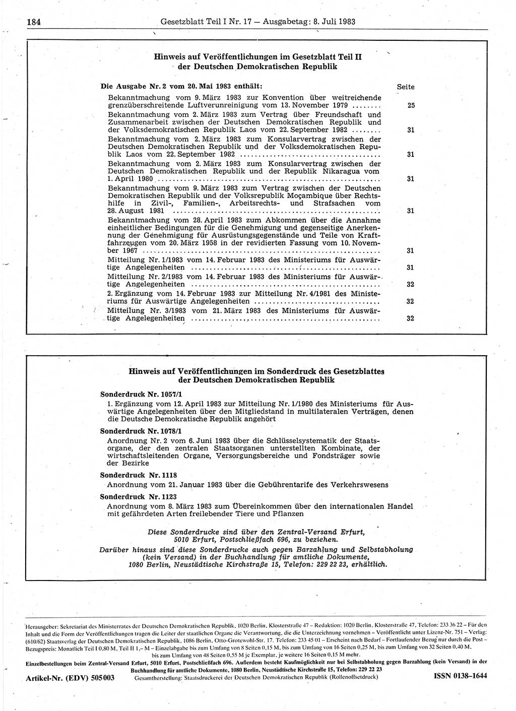 Gesetzblatt (GBl.) der Deutschen Demokratischen Republik (DDR) Teil Ⅰ 1983, Seite 184 (GBl. DDR Ⅰ 1983, S. 184)
