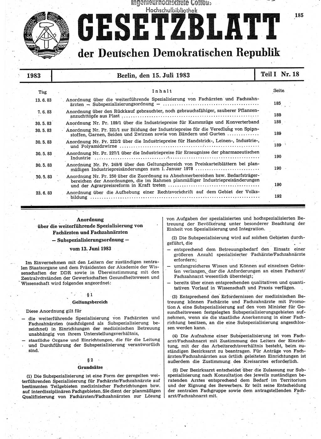 Gesetzblatt (GBl.) der Deutschen Demokratischen Republik (DDR) Teil Ⅰ 1983, Seite 185 (GBl. DDR Ⅰ 1983, S. 185)