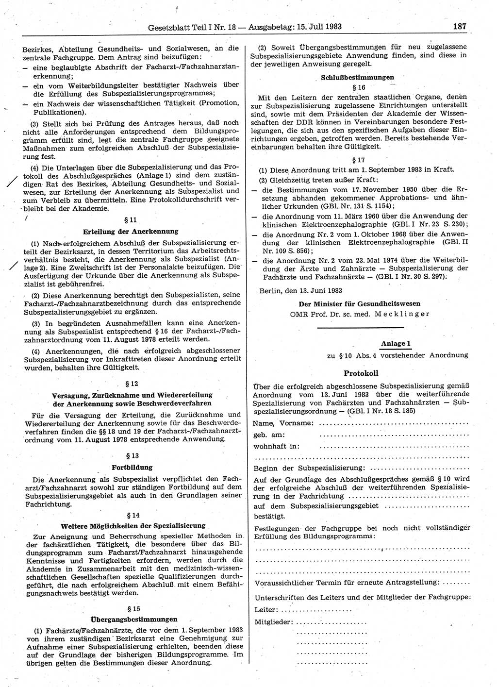 Gesetzblatt (GBl.) der Deutschen Demokratischen Republik (DDR) Teil Ⅰ 1983, Seite 187 (GBl. DDR Ⅰ 1983, S. 187)