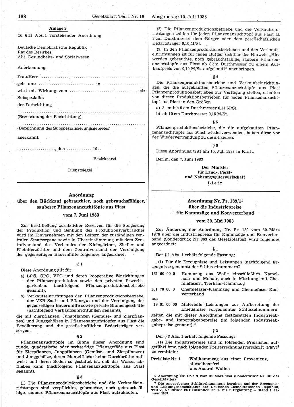 Gesetzblatt (GBl.) der Deutschen Demokratischen Republik (DDR) Teil Ⅰ 1983, Seite 188 (GBl. DDR Ⅰ 1983, S. 188)